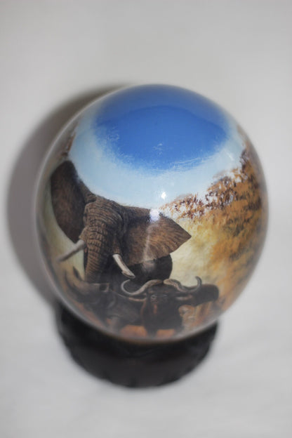 Blue Sky Decoupage Ostrich Egg with African Big 5 Animals on a forest background. Hand Painted and Print art. Ready to ship Christmas Gifts