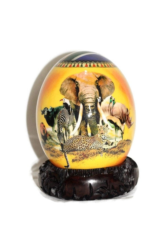 African Big Five Decoupage Shell. Ostrich Egg African Warriors, Map and a South African flag on a yellow /orange background. Christmas Gifts