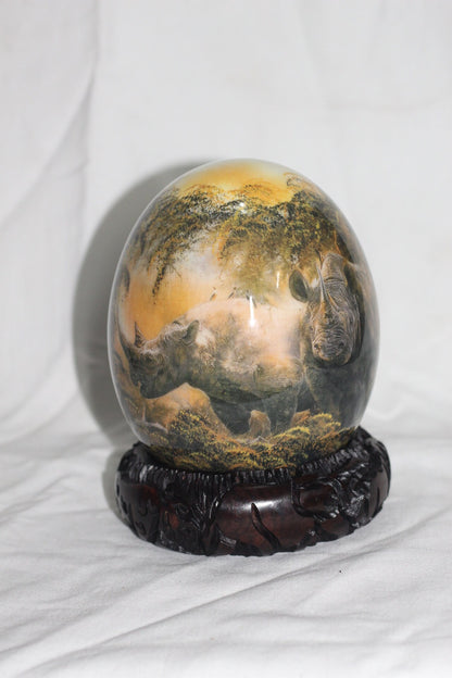 Hand Painted Rhino Family Decoupage on an authentic Ostrich Egg Shell. Brown n Army Green Camouflage Background. African art Christmas Gifts