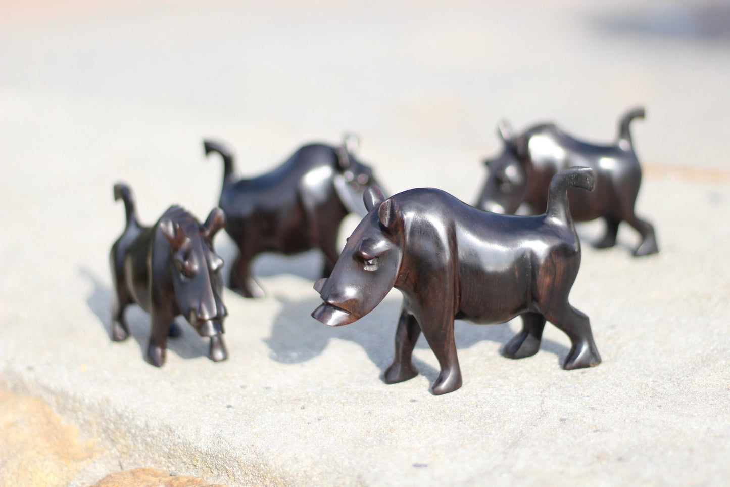 Smooth Set of 4 Wild Boar /Warthog Genuine Ebony wood Handcarved figurines. Zambian Wildlife Carving. African art Christmas Gifts