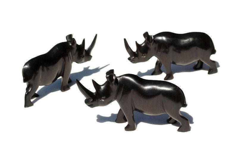 Set of 3 Smooth Carved Genuine Ebony Wood Rhino figurines. Zambian Decor Sculptures . African Big 5 thank you/ Christmas gifts ready to Ship