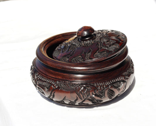 Animal Theme Ebony Hand Carved Storage Bowl with Lid. Dark brown African Decor Coffee/Snack bowl with big 5 animals and Tree Carvings.