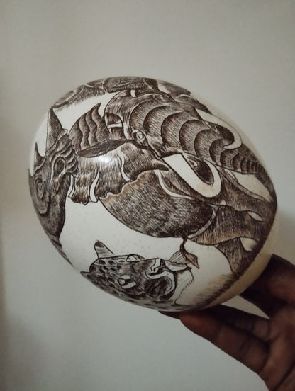 African Big Five Animals Handcarved Painted Scrimshaw Large Ostrich Egg. Full Elephant art on Shell Ornament. Christmas Gifts ready to Ship