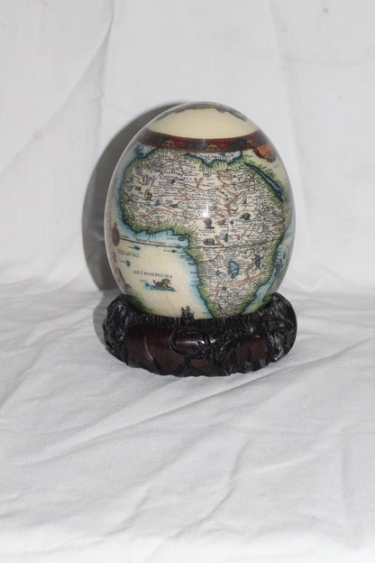 Ostrich Egg Decoupage Seating Leopard with Cub, African Map Background. Comes with a Carved Wood stand. Christmas Art gifts ready to Ship