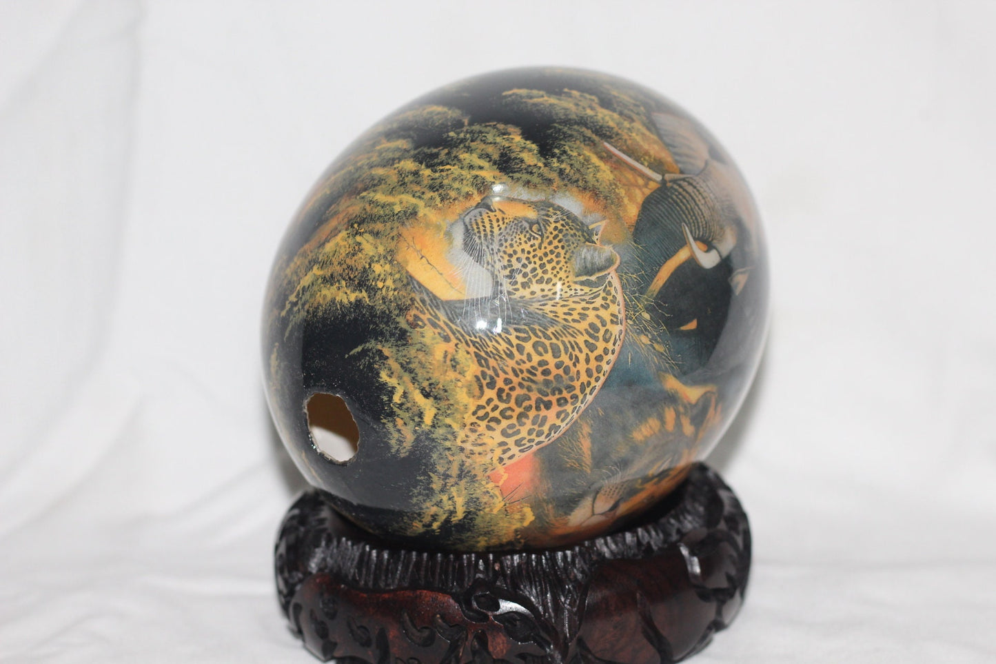 Decoupage Ostrich Egg African Big 5 Animals on a Night forest background. Unique Hand Painted and Print art housewarming Gifts, Ships Expres