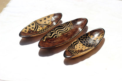 Set of 3 Zebra and Giraffe print Iron Wood Bowls. Oval shaped Painted African table centerpiece Decor. Zambian Handcarved Christmas Gifts