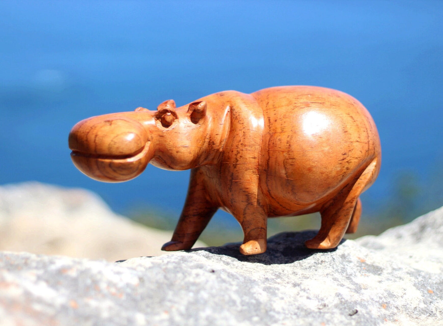 Light Brown Teak Wood Hand Carved Hippo Art figurine. Smooth with visible grain chubby figurine. Christmas Gifts Ready to Ship Worldwide