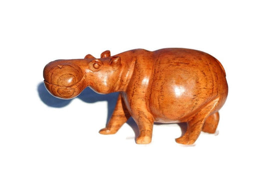 Light Brown Teak Wood Hand Carved Hippo Art figurine. Smooth with visible grain chubby figurine. Christmas Gifts Ready to Ship Worldwide