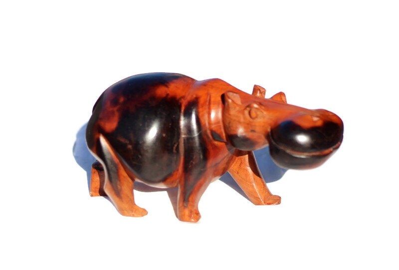 One of Black a kind Burnt Teak Wood Hand Carved Hippo Art. Smooth Brown and Black Chubby figurine. Ready to Ship African Christmas Gifts