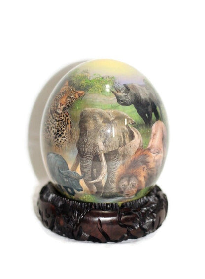 African Big Five Animals Decoupage Ostrich Egg shell. Daytime Safari Art gifts. Unique Ornament with carved wood ring stand. Ready to Ship