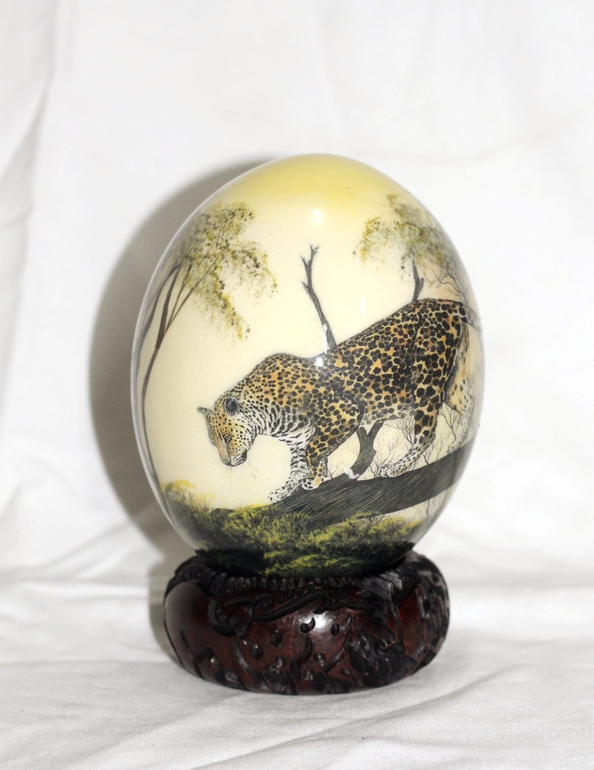 Leopard Climbing down a tree Decoupage on an Authentic Ostrich Egg Shell. Unique African Art Handmade ornament. Ready to Ship Christmas gift