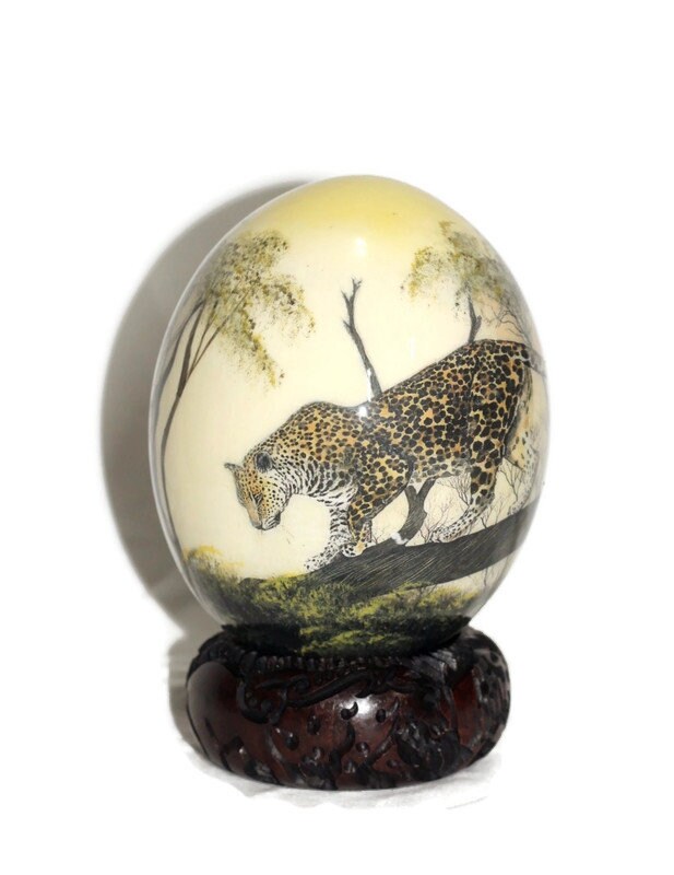 Leopard Climbing down a tree Decoupage on an Authentic Ostrich Egg Shell. Unique African Art Handmade ornament. Ready to Ship Christmas gift