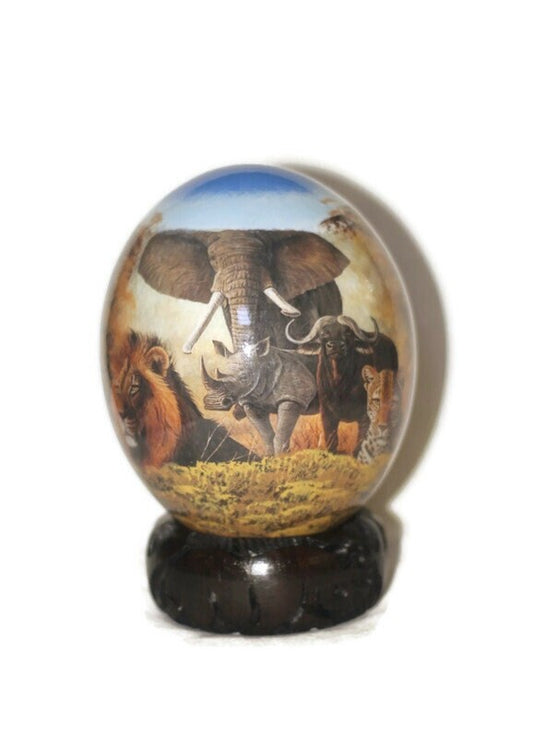 Blue Sky Decoupage Ostrich Egg with African Big 5 Animals on a forest background. Hand Painted and Print art. Ready to ship Christmas Gifts