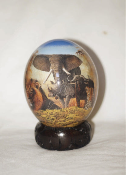 Blue Sky Decoupage Ostrich Egg with African Big 5 Animals on a forest background. Hand Painted and Print art. Ready to ship Christmas Gifts