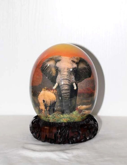 African Big Five Full bodyAnimals Decoupage Ostrich Egg Shell with Hand Painted Sunset Yelow and Forest Background. Ready to Ship Gifts