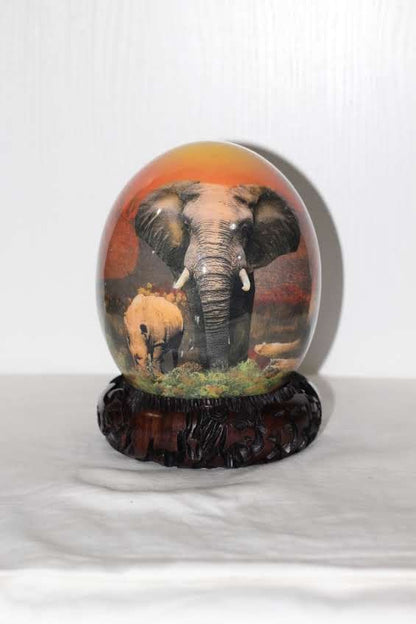 African Big Five Full bodyAnimals Decoupage Ostrich Egg Shell with Hand Painted Sunset Yelow and Forest Background. Ready to Ship Gifts