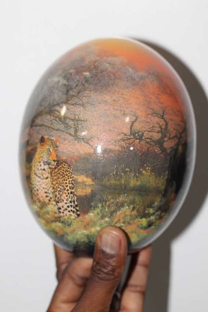 African Big Five Full bodyAnimals Decoupage Ostrich Egg Shell with Hand Painted Sunset Yelow and Forest Background. Ready to Ship Gifts