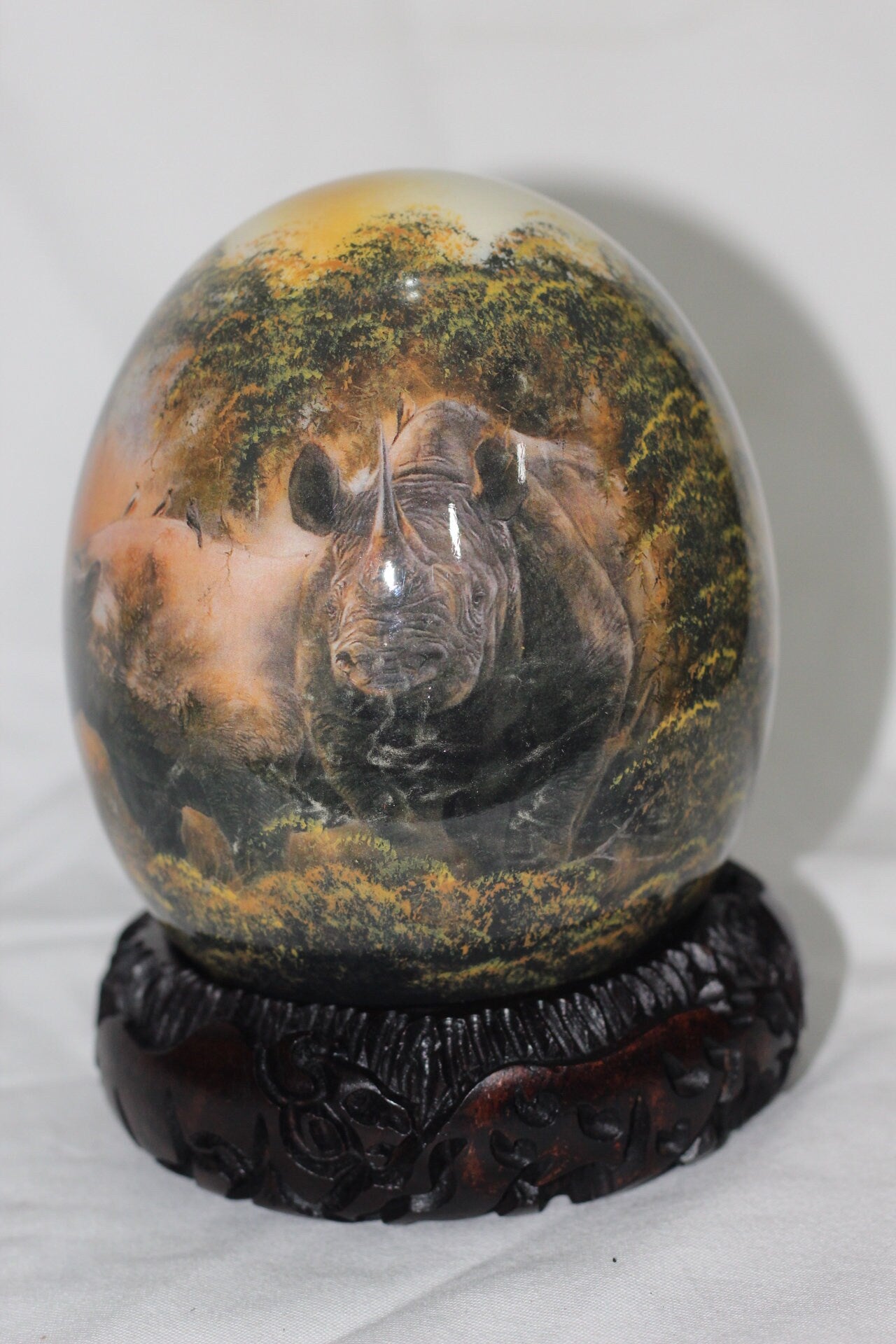 Hand Painted Rhino Family Decoupage on an authentic Ostrich Egg Shell. Brown n Army Green Camouflage Background. African art Christmas Gifts