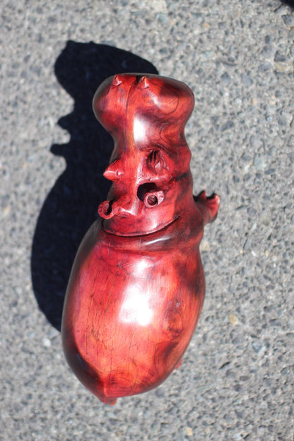 Große, 37 cm große, aus rotem gebranntem Teakholz geschnitzte Nilpferd-Kunstfigur. Glattes Braun, rötliches Unikat für Zuhause/Büro. Versandfertiges Weihnachtsgeschenk