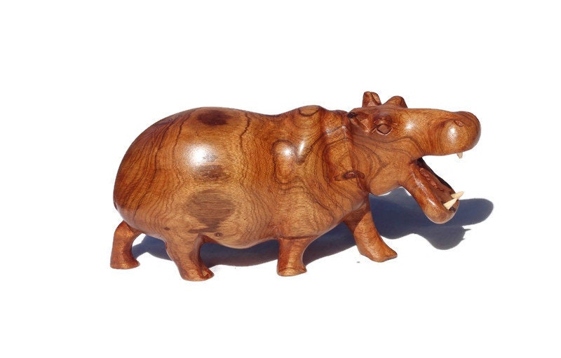 Olive wood Zimbabwean handcarved Hippo figurines. Attacking/ Aggressive, mouth open Handcarved Sculpture. African Safari animals Art Decor.