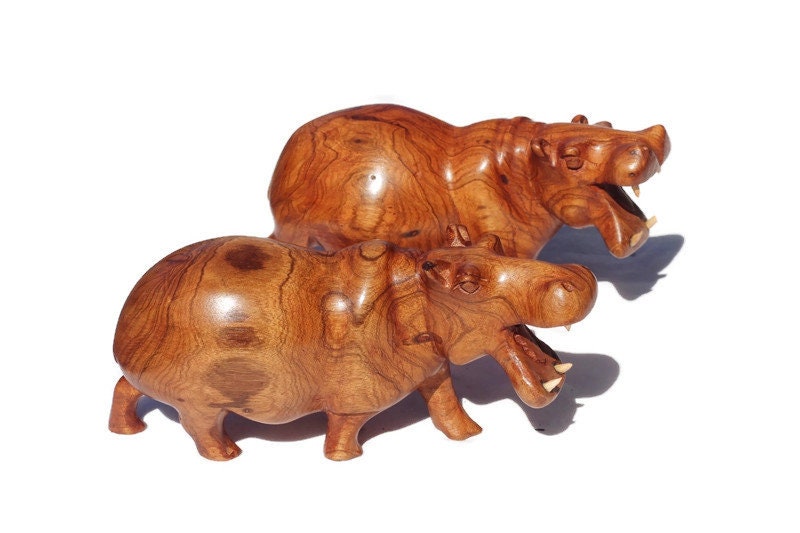 Olive wood Zimbabwean handcarved Hippo figurines. Attacking/ Aggressive, mouth open Handcarved Sculpture. African Safari animals Art Decor.