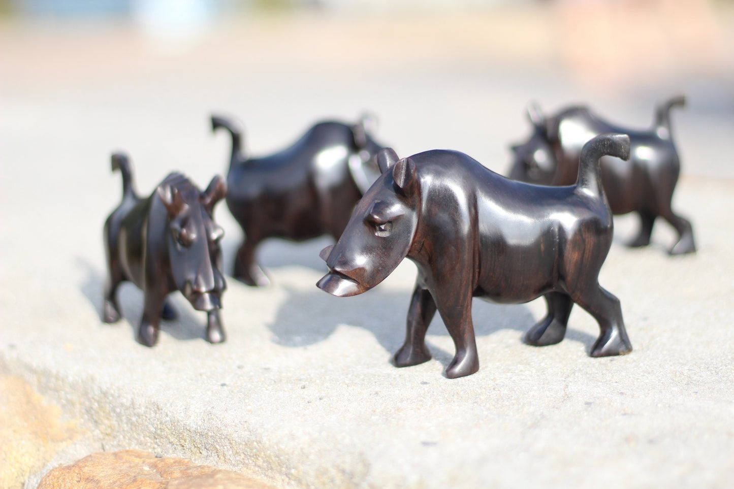 Smooth Set of 4 Wild Boar /Warthog Genuine Ebony wood Handcarved figurines. Zambian Wildlife Carving. African art Christmas Gifts