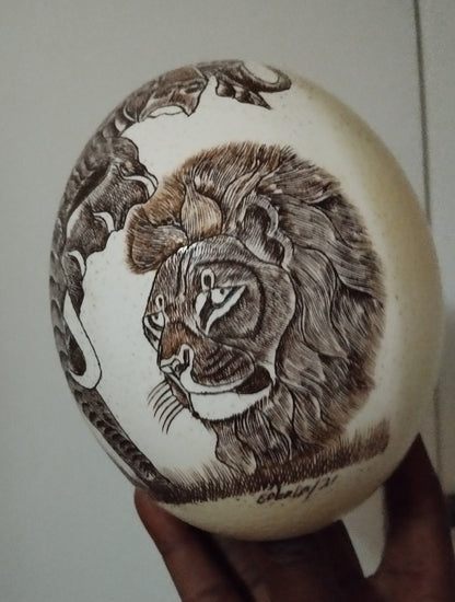 African Big Five Animals Handcarved Painted Scrimshaw Large Ostrich Egg. Full Elephant art on Shell Ornament. Christmas Gifts ready to Ship