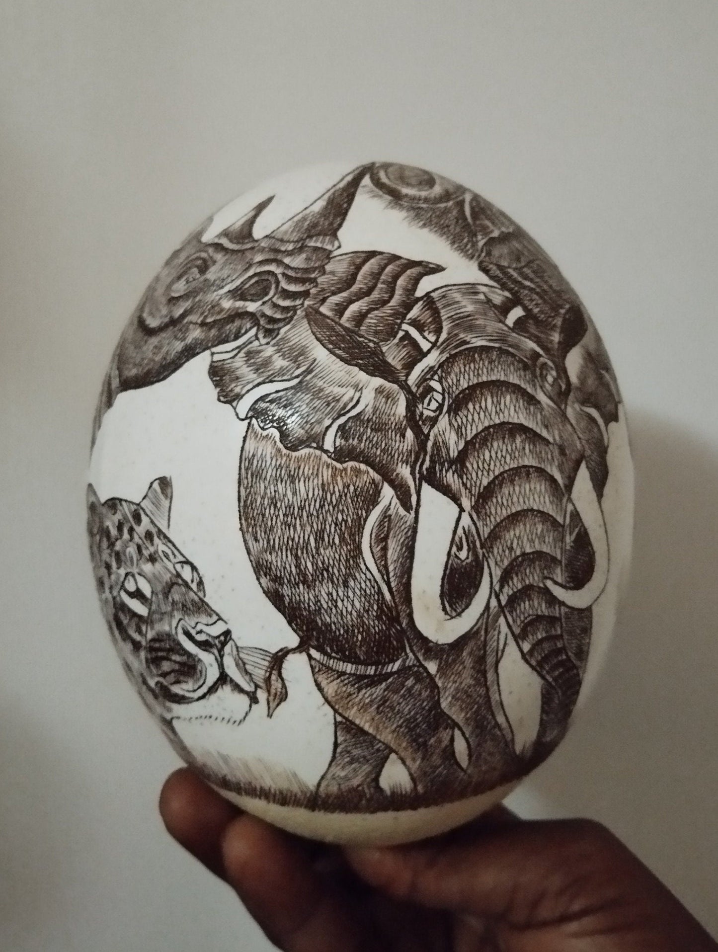 African Big Five Animals Handcarved Painted Scrimshaw Large Ostrich Egg. Full Elephant art on Shell Ornament. Christmas Gifts ready to Ship