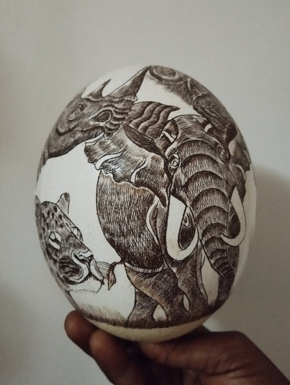 African Big Five Animals Handcarved Painted Scrimshaw Large Ostrich Egg. Full Elephant art on Shell Ornament. Christmas Gifts ready to Ship