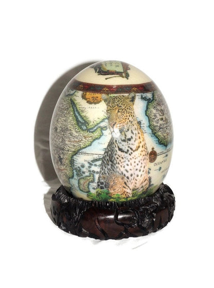 Ostrich Egg Decoupage Seating Leopard with Cub, African Map Background. Comes with a Carved Wood stand. Christmas Art gifts ready to Ship