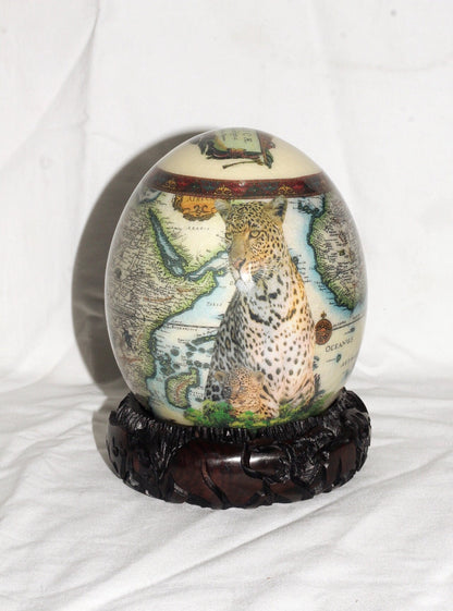 Ostrich Egg Decoupage Seating Leopard with Cub, African Map Background. Comes with a Carved Wood stand. Christmas Art gifts ready to Ship