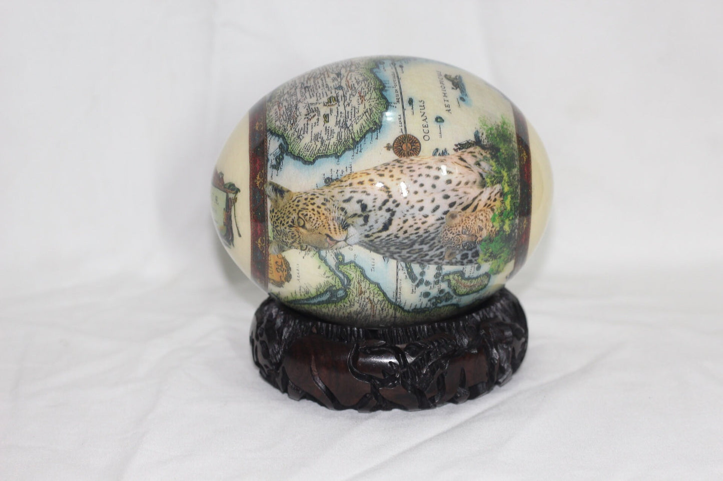 Ostrich Egg Decoupage Seating Leopard with Cub, African Map Background. Comes with a Carved Wood stand. Christmas Art gifts ready to Ship