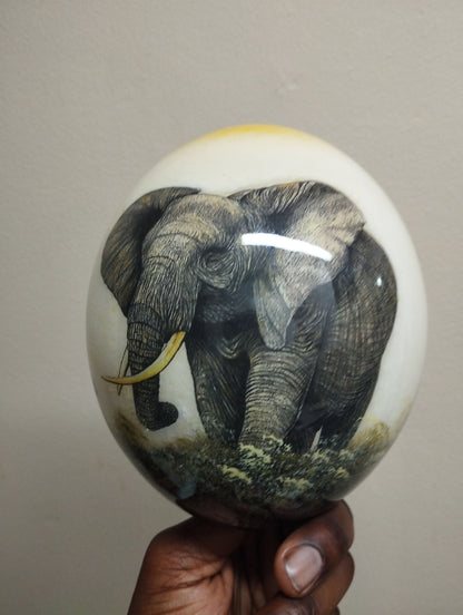 Decoupage Ostrich Egg Full body Elephant and Warthog/Wild pig/Wild boar on White and Yellow background. Unique art Decor Gift ready to Ship