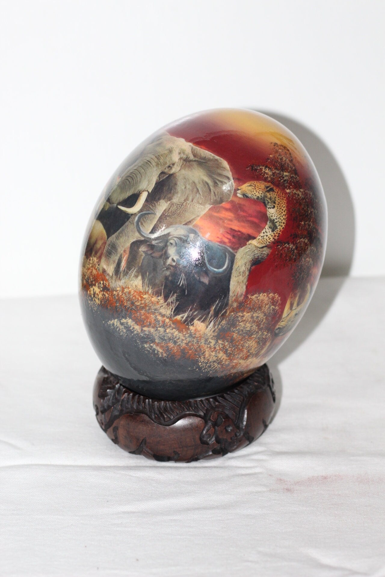 Sunset Themed Handpainted Background African Big Five Decoupage Art on an authentic Ostrich Egg Shell. Christmas gifts for home/Office Decor