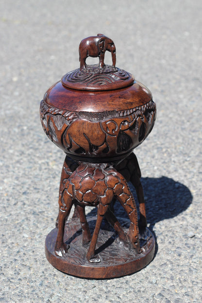 African big 5 themed bowl with Standing Elephant Lid on top of 2 Grazing Giraffes. Handcarved Malawian Ironwood Table Centrepiece Art gifts