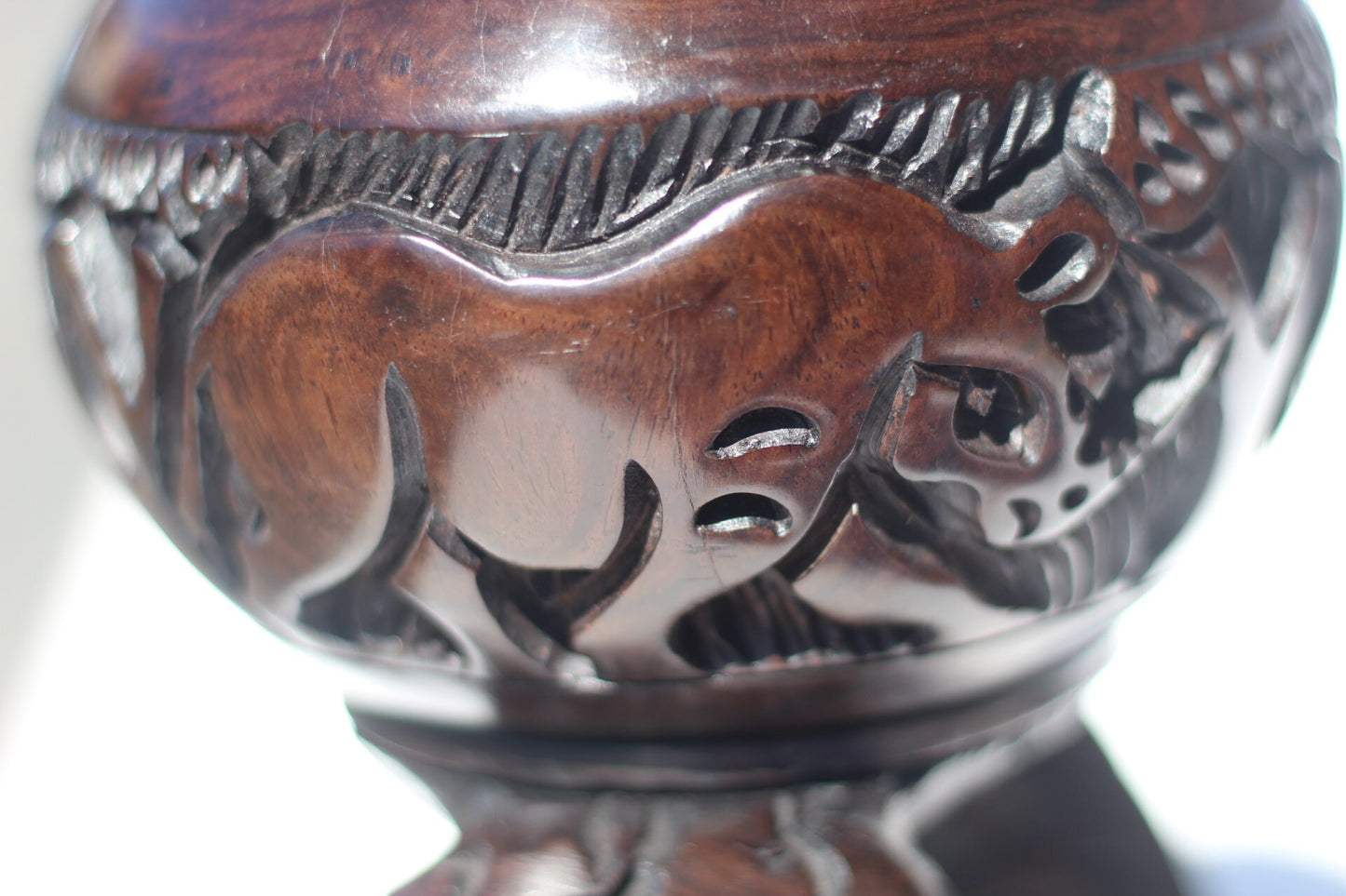 African big 5 themed bowl with Lion Trophy head Lid on top of 2 Grazing Giraffes. Handcarved Malawian Ironwood Table Centrepiece Art gifts