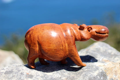 Light Brown Teak Wood Hand Carved Hippo Art figurine. Smooth with visible grain chubby figurine. Christmas Gifts Ready to Ship Worldwide