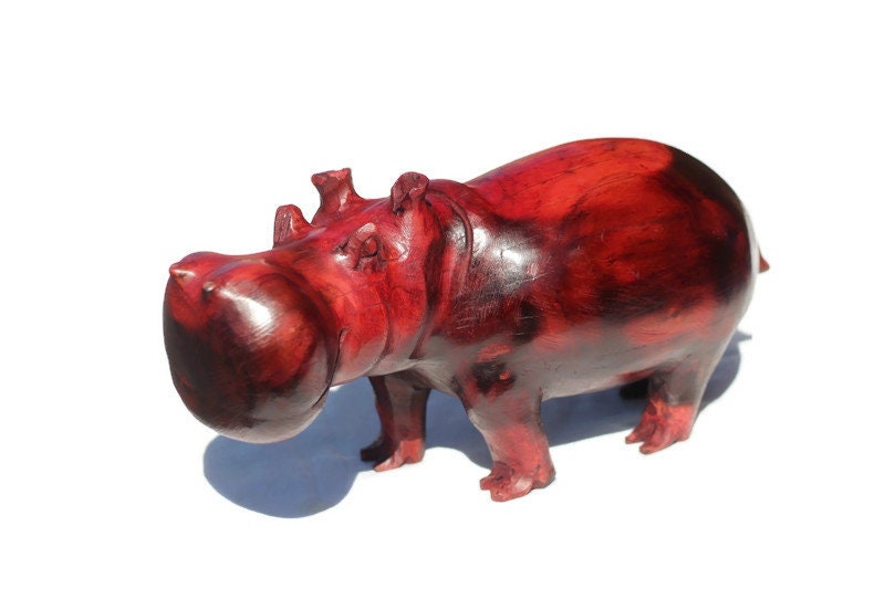 Large 37cm Toney Red Burnt Teak Wood Carved Hippo Art figurine. Smooth Brown, Redish Unique Home/ Office Decor. Ready to Ship Christmas gift