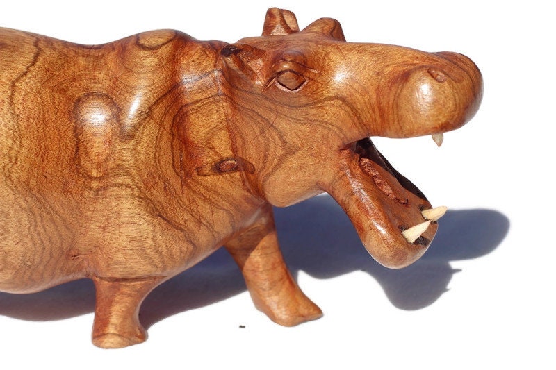 Olive wood Zimbabwean handcarved Hippo figurines. Attacking/ Aggressive, mouth open Handcarved Sculpture. African Safari animals Art Decor.