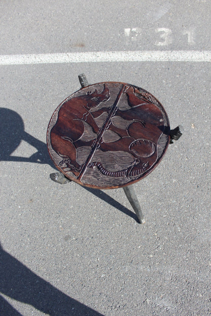 Elephant and Rhino Foldable table with reversible top. Malawian Handcarved Iron Wood Side table with Big Five Animals. Home/Office deco gift