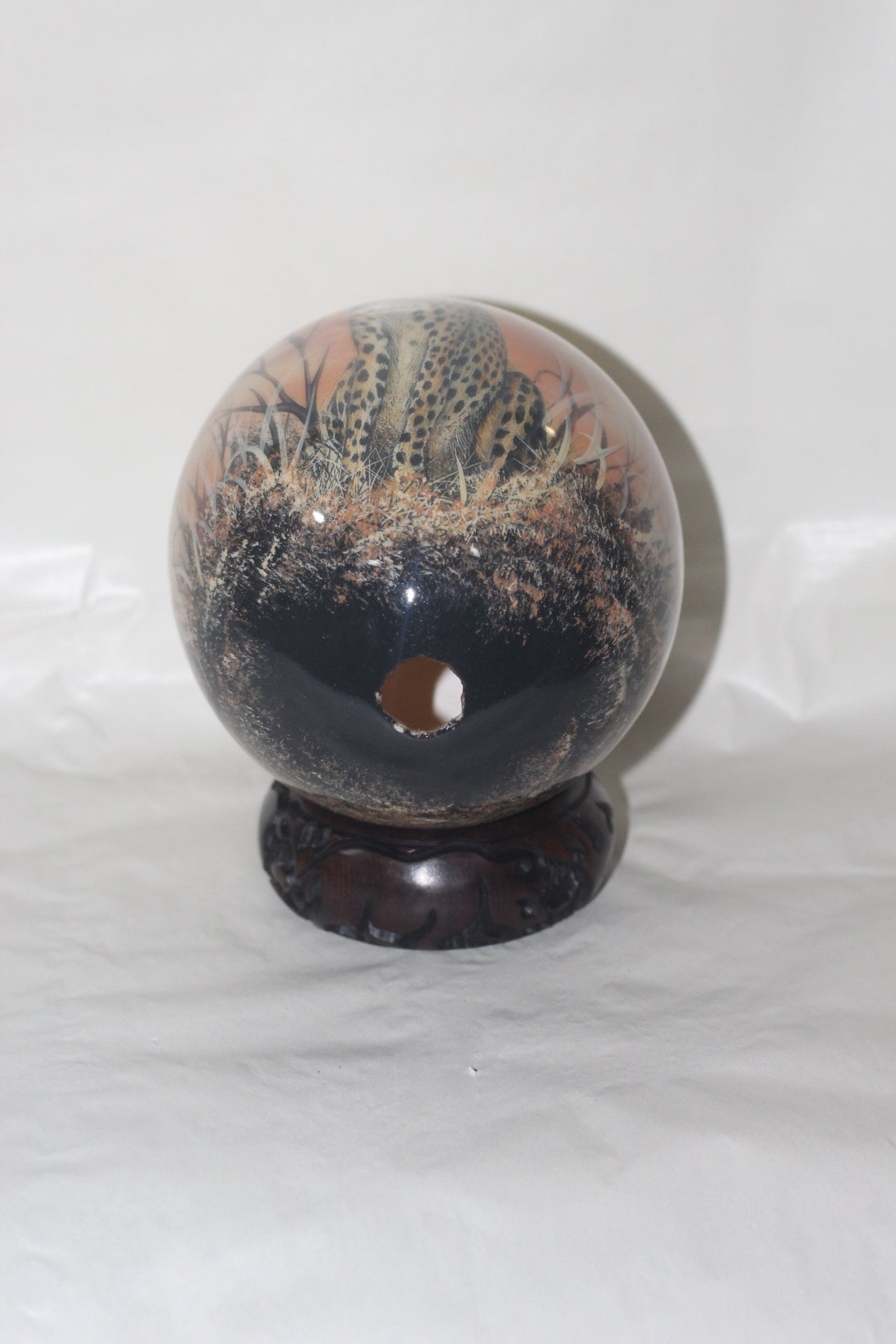 Seating Cheetah Decoupage on an Authentic Ostrich Egg Shell. Unique African Art Handmade ornaments. Ready to Ship Christmas Gift