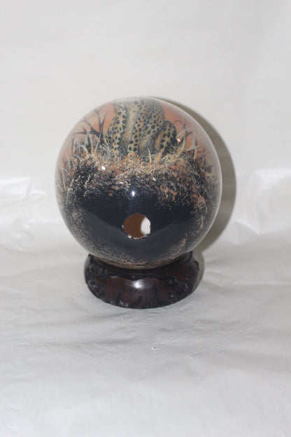 Seating Cheetah Decoupage on an Authentic Ostrich Egg Shell. Unique African Art Handmade ornaments. Ready to Ship Christmas Gift