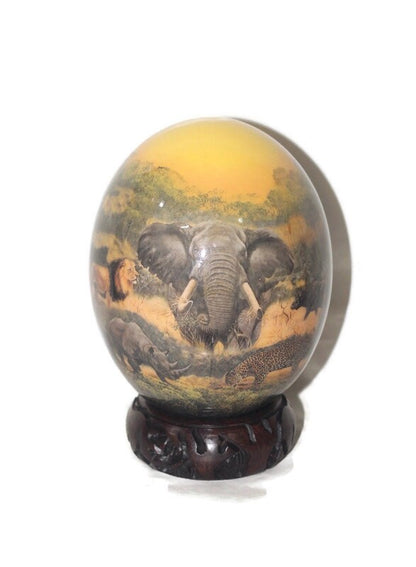 Sunset orange Themed African Big Five Full bodyAnimals Decoupage Art on an authentic Ostrich Egg Shell. Christmas gifts for home/Office Deco