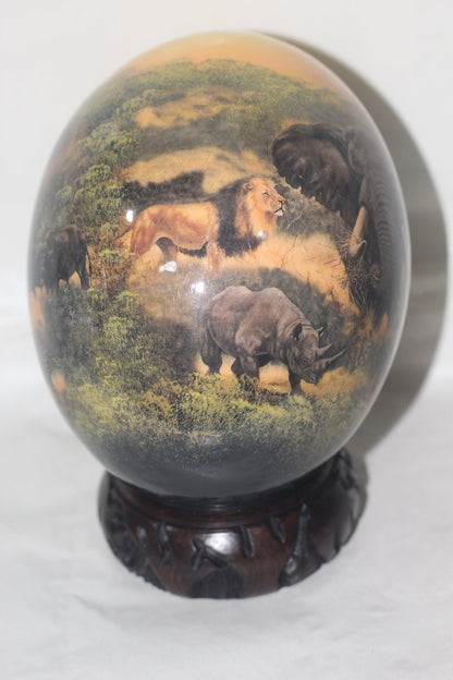 Sunset orange Themed African Big Five Full bodyAnimals Decoupage Art on an authentic Ostrich Egg Shell. Christmas gifts for home/Office Deco