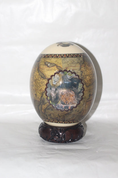 Globe Terrestres Decoupage Ostrich Egg Shell with Big Five Animals. Brown and Army Green African Tabula Nova Map. Christmas Gifts