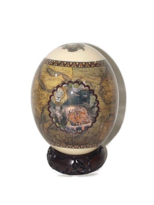 Globe Terrestres Decoupage Ostrich Egg Shell with Big Five Animals. Brown and Army Green African Tabula Nova Map. Christmas Gifts