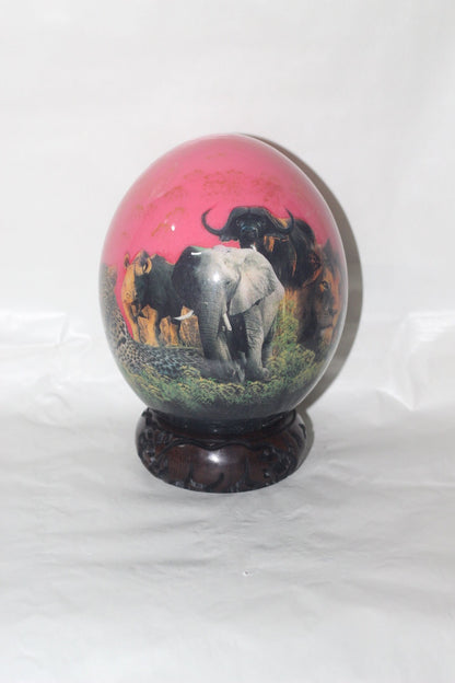 Decoupage Ostrich Egg Big 5 African Art Painted. Pink Background Animal Print Home Decor. Unique Christmas Gifts Ready to Ship Worldwide