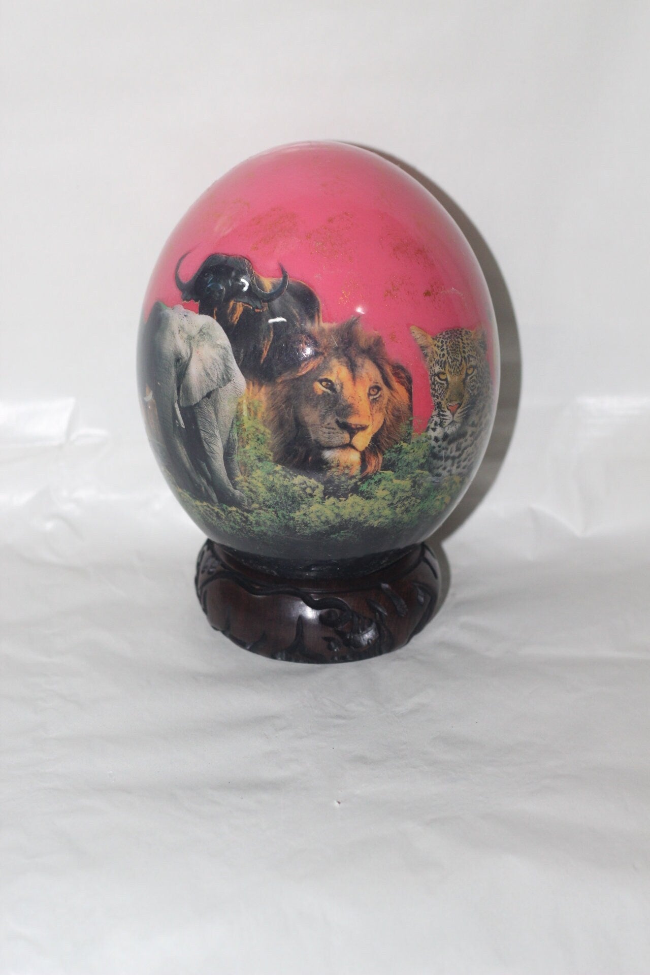 Decoupage Ostrich Egg Big 5 African Art Painted. Pink Background Animal Print Home Decor. Unique Christmas Gifts Ready to Ship Worldwide