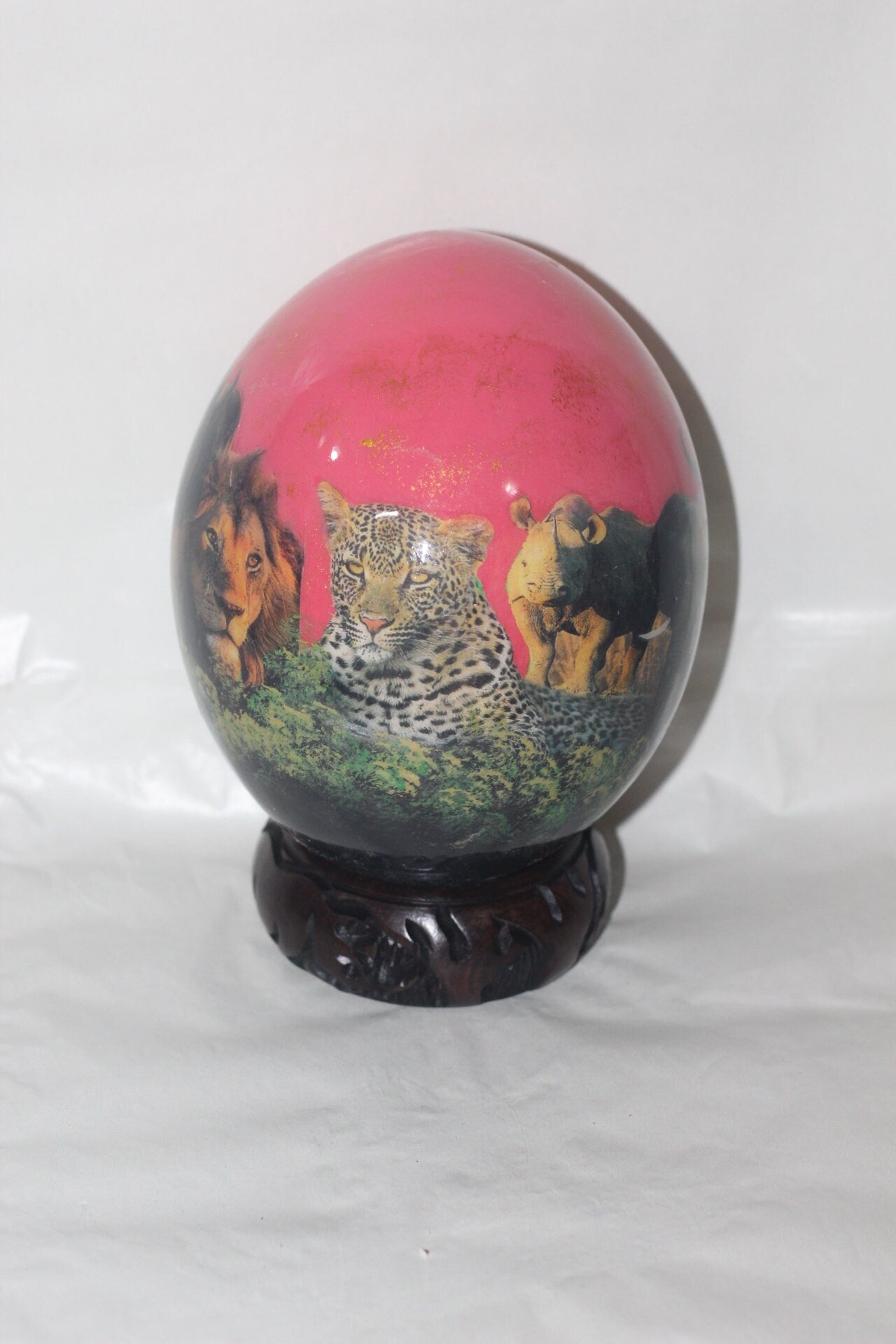 Decoupage Ostrich Egg Big 5 African Art Painted. Pink Background Animal Print Home Decor. Unique Christmas Gifts Ready to Ship Worldwide