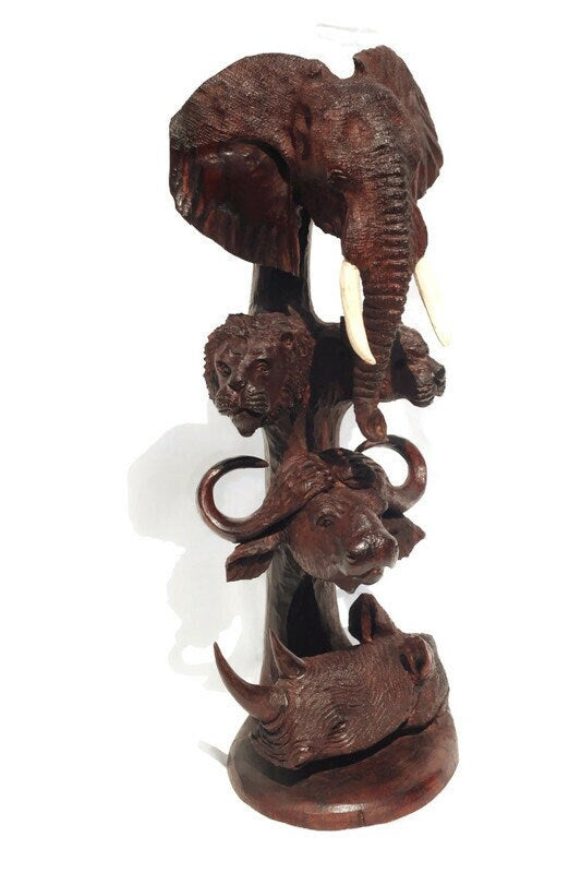 Large Mid Brown Ironwood Carved lifelike Big Five heads tower. Elephant, Lion, Leopard, Buffalo, Rhino fine Art Decor. Ready to Ship Gift